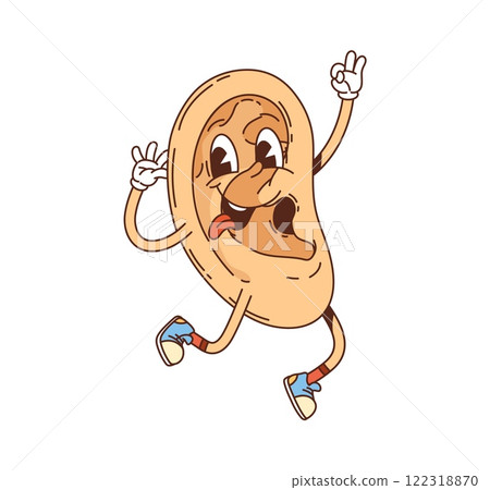 Cartoon ear groovy medicine and health character jumps joyfully with sticking tongue showing playful vibe. Isolated vector human body organ personage with retro sneakers and cheerful, smiling face Cartoon ear groovy medicine and health character jumps joyfully with sticking tongue showing playful vibe. Isolated vector human body organ personage with retro sneakers and cheerful, smiling face 122318870