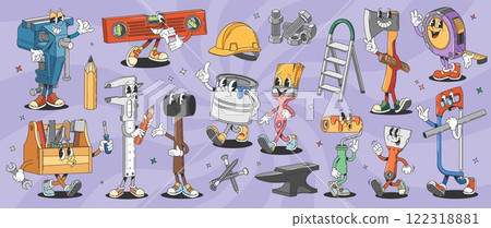 Cartoon retro groovy repair and DIY tools characters. Psychedelic funny hammer, helmet and toolbox vector personages of building, construction and renovation. Groovy paint, brush and saw characters 122318881