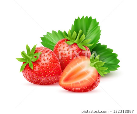 3d realistic raw ripe strawberry fruits with lush green leaves, whole and sliced garden berries showcasing their fresh and juicy appeal. Vector sweet and fresh summer dessert, natural healthy food 3d realistic raw ripe strawberry fruits with lush green leaves, whole and sliced garden berries showcasing their fresh and juicy appeal. Vector sweet and fresh summer dessert, natural healthy food 122318897