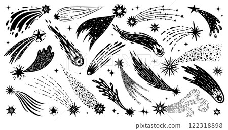 Doodle shooting space stars with trails, galaxy comets and meteors, vector icons. Shooting stars or cartoon doodle line fireworks sparklers and firecracker sparks of falling twinkling stars in space Doodle shooting space stars with trails, galaxy comets and meteors, vector icons. Shooting stars or cartoon doodle line fireworks sparklers and firecracker sparks of falling twinkling stars in space 122318898