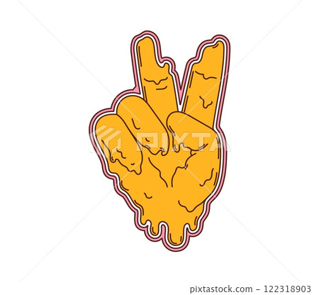 Cartoon retro groovy peace hand gesture with bright yellow color and melting effect, reflecting nostalgic 70s era. Isolated vector palm shows victory sign, exuding vintage trippy hippie y2k vibe 122318903