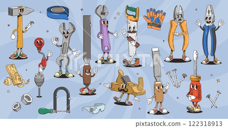 Retro groovy diy and repair tools characters. Vector set of friendly hammer, wrench, saw, and plane, chisel, screwdriver, drill, gloves and pliers with expressive faces, playful handyman work tools 122318913