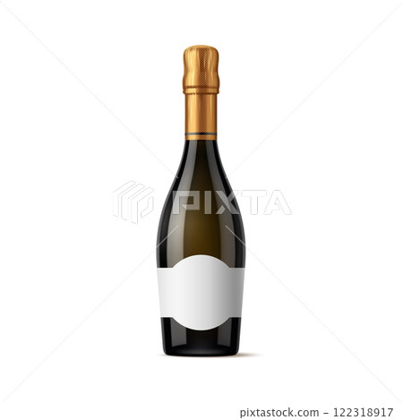 Realistic champagne alcohol glass bottle featuring blank label for branding presentations, marketing campaigns and product showcase. Isolated 3d vector flask mockup highlighting luxury and celebration 122318917