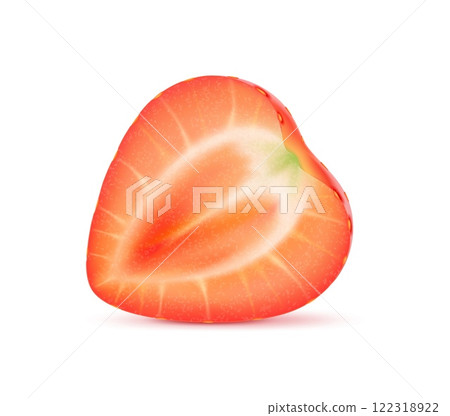 3d realistic raw ripe strawberry fruit half, cross section close up view. Isolated vector fresh berry with vibrant red flesh, seeds, juicy and sweet texture. Healthy natural strawberry summer dessert 122318922