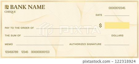 Cheque template with watermark. Blank bank check. Vector document layout includes fields for payee, amount, date, memo and signature, complemented by security patterns. Check for financial transaction 122318924