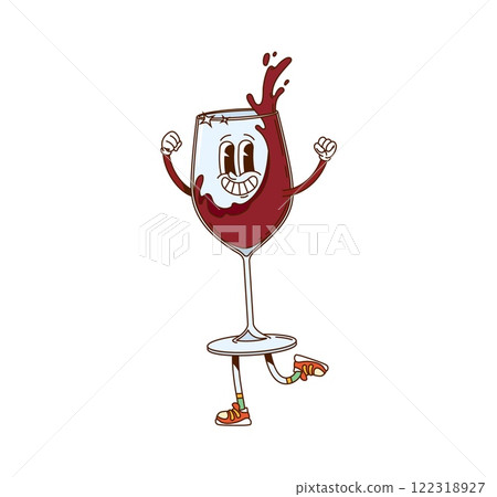 Cartoon red wine glass groovy cute character. Cabernet, burgundy or bordeaux luxury beverage glassware groovy vector personage. Splashing in glass goblet red wine isolated cartoon cheerful character 122318927