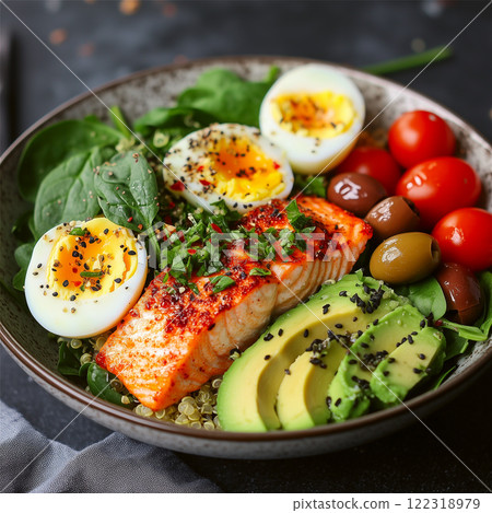 Salmon in a plate with vegetables 122318979