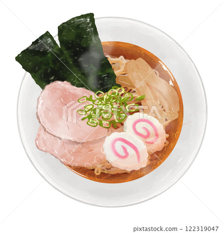 Aerial view of realistic soy sauce ramen with naruto 122319047