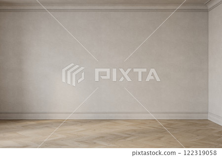 Empty beige classic interior with blank wall and chevron wood floor. 3d render illustration mockup. 122319058