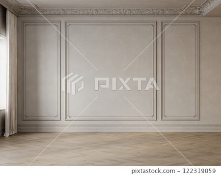 Empty beige classic interior with blank wall, moldings, stucco and chevron wood floor. 3d render illustration mockup. Empty beige classic interior with blank wall, moldings, stucco and chevron wood floor. 3d render illustration mockup. 122319059