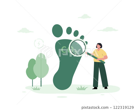 CO2 neutral. Carbon dioxide footprint, environmental pollution. Climate change. Net zero. Female character with magnifier. Vector illustration in flat cartoon style CO2 neutral. Carbon dioxide footprint, environmental pollution. Climate change. Net zero. Female character with magnifier. Vector illustration in flat cartoon style 122319129