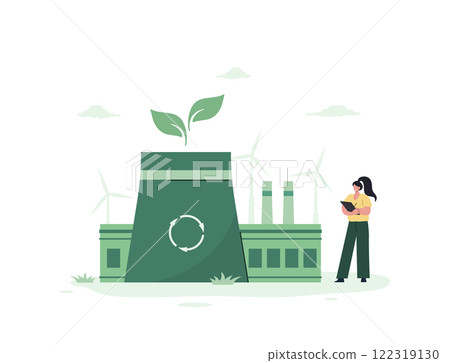CO2 neutral. Green industrial factory with renewable energy. Low carbon and environmental responsibility concept. Net zero. Vector illustration in flat cartoon style CO2 neutral. Green industrial factory with renewable energy. Low carbon and environmental responsibility concept. Net zero. Vector illustration in flat cartoon style 122319130