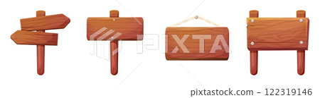 Wood plank signboard frame wooden texture game signpost, farm garden or jungle pointing panel. Set menu ui design. Outdoor empty textured arrow 122319146