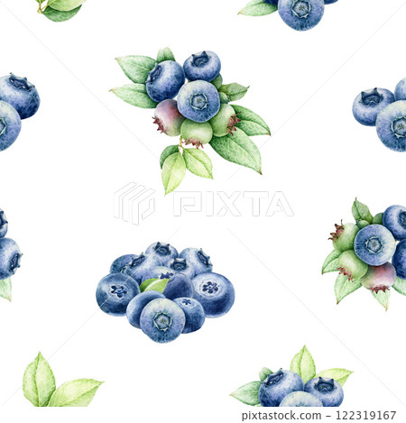 Fresh blueberries with green leaves on a white background seamless pattern. Hand drawn blueberry watercolor vintage style illustration. Perfect for fabric, packaging, decor and food-themed designs 122319167