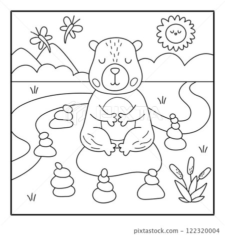 Vector black and white capybara landscape illustration. Line square scenery with capibara meditating in rock garden. Funny scene coloring page with animal. Happy land background for kids 122320004