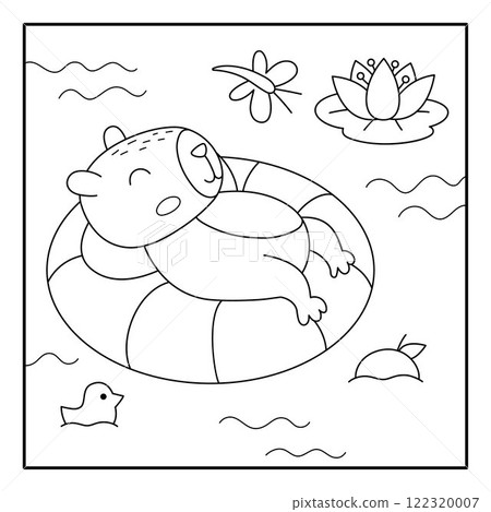 Vector black and white capybara landscape illustration. Cute square scenery with capibara swimming and lying and swimming on floatie. Funny line scene, coloring page with animal in pond 122320007