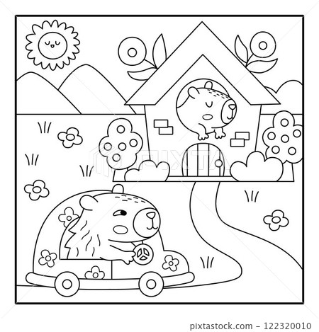 Vector black and white capybara landscape illustration. Cute line square scenery with capibara driving car with flowers to the house. Funny scene, coloring page with adorable animals 122320010