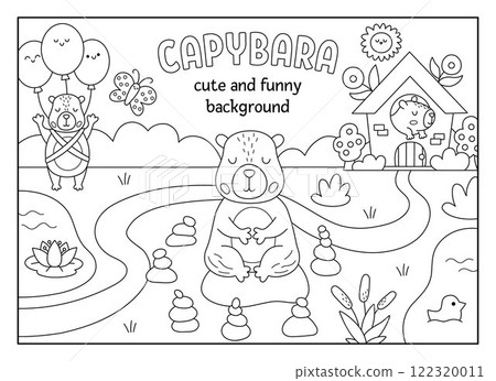 Vector black and white horizontal scene with capybaras. Landscape line illustration with capibaras. Cute background or book cover for kids with animals. Funny scene, coloring page for kids 122320011