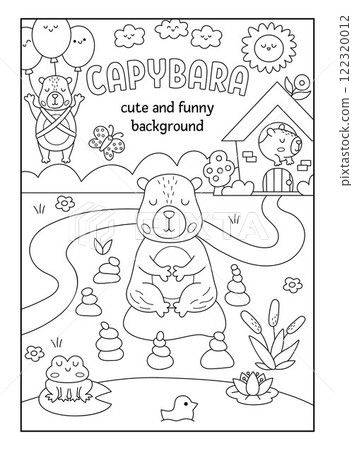 Vector black and white vertical scene with capybaras. Landscape illustration with capibaras. Cute background or book cover for kids with animals. Funny line scene, coloring page for kids Vector black and white vertical scene with capybaras. Landscape illustration with capibaras. Cute background or book cover for kids with animals. Funny line scene, coloring page for kids 122320012