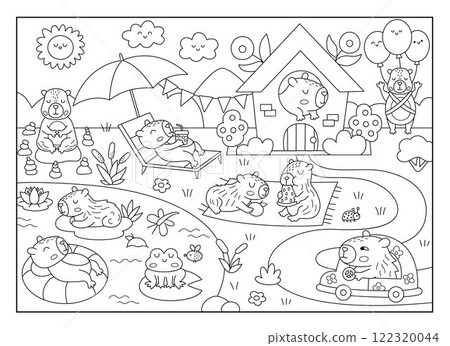 Vector black and white capybara landscape illustration. Cute line scenery with capibaras, pond, garden, house. Funny detailed scene with animals swimming, relaxing. Happy land coloring page for kids 122320044