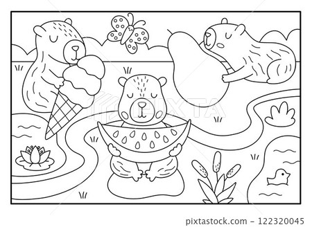 Vector black and white capybara landscape illustration. Cute line scenery with capibaras holding fruits and ice-cream. Funny scene coloring page. Happy land picture for kids with pear, watermelon 122320045