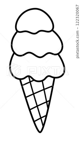 Vector black and white ice cream cone with three scoops icon. Cute summer dessert illustration. Sundae line clipart isolated on white background. Cold sweet food coloring page Vector black and white ice cream cone with three scoops icon. Cute summer dessert illustration. Sundae line clipart isolated on white background. Cold sweet food coloring page 122320067