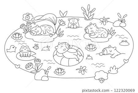 Vector black and white capybara landscape illustration. Line horizontal scenery with capibaras swimming in lake or pond with frog, water lily, reeds. Funny scene, coloring page for kids Vector black and white capybara landscape illustration. Line horizontal scenery with capibaras swimming in lake or pond with frog, water lily, reeds. Funny scene, coloring page for kids 122320069