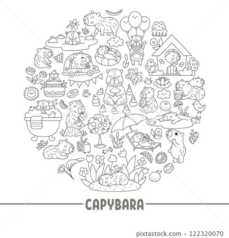 Vector black and white capybara round frame with relaxed animals, frog, tangerines, fruit, flowers. Capibara card template design for banners, invitations. Cute line illustration, coloring page Vector black and white capybara round frame with relaxed animals, frog, tangerines, fruit, flowers. Capibara card template design for banners, invitations. Cute line illustration, coloring page 122320070