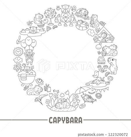 Vector black and white capybara round wreath frame with relaxed animals, frog, tangerines, fruit. Capibara card template design for banners, invitations. Cute line illustration, coloring page Vector black and white capybara round wreath frame with relaxed animals, frog, tangerines, fruit. Capibara card template design for banners, invitations. Cute line illustration, coloring page 122320072