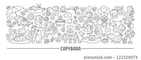 Vector black and white capybara horizontal set with relaxed animals, frog, tangerines, fruit. Capibara card template or frame design for banners, invitations. Cute line illustration, coloring page Vector black and white capybara horizontal set with relaxed animals, frog, tangerines, fruit. Capibara card template or frame design for banners, invitations. Cute line illustration, coloring page 122320073