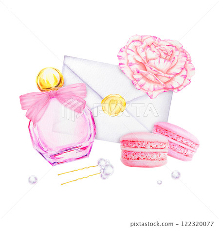 Watercolor composition with pink perfume bottle with ribbon bow, blooming rose, macarons, heart-shaped wax sealed envelope, pearls and hairpin. Perfect for wedding, romantic or feminine prints. Watercolor composition with pink perfume bottle with ribbon bow, blooming rose, macarons, heart-shaped wax sealed envelope, pearls and hairpin. Perfect for wedding, romantic or feminine prints. 122320077