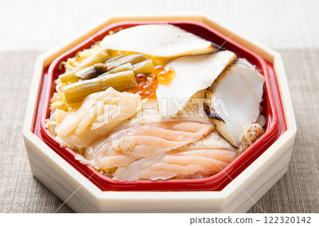A delicious seafood bento with fatty cod and salmon belly A delicious seafood bento with fatty cod and salmon belly 122320142
