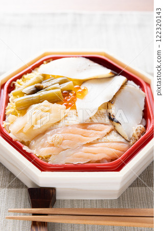 A delicious seafood bento with fatty cod and salmon belly A delicious seafood bento with fatty cod and salmon belly 122320143