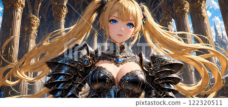 A beautiful woman with blonde twin tails wearing black armor A beautiful woman with blonde twin tails wearing black armor 122320511