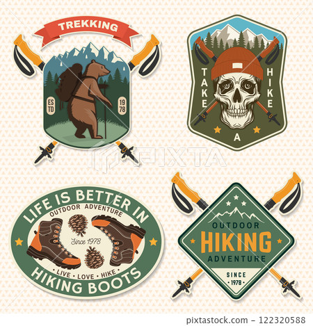 Set of hiking outdoor adventure emblems, patch. Hiking related typographic quote. Design with human skull skeleton in hat, hiking boots, pine cone, mountains, hiker bear with backpack. 122320588