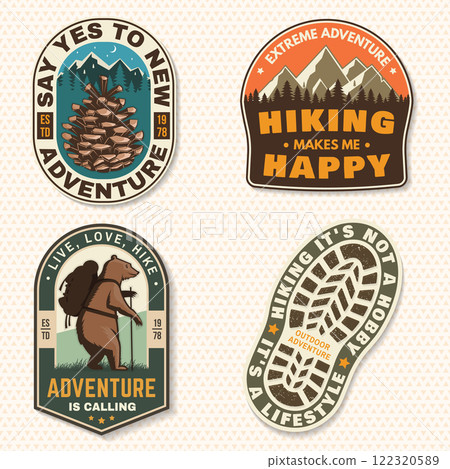 Set of hiking outdoor adventure emblems, patch. Hiking related typographic quote. Design hiker bear with backpack, mountain, hiking poles and pine cone. Set of hiking outdoor adventure emblems, patch. Hiking related typographic quote. Design hiker bear with backpack, mountain, hiking poles and pine cone. 122320589
