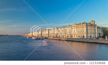 The winter Palace timelapse hyperlapse and pier on the Palace embankment clear day in summer in Saint-Petersburg 122320686