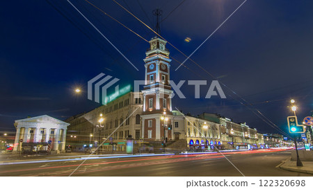 Night view to the City Duma tower at Nevsky avenue timelapse hyperlapse. ST. PETERSBURG, RUSSIA 122320698