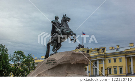 Monument of Russian emperor Peter the Great, known as The Bronze Horseman timelapse hyperlapse, Saint Petersburg , Russia 122320710