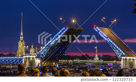 View of the opening Palace Bridge timelapse, which spans - the spire of Peter and Paul Fortress 122320713