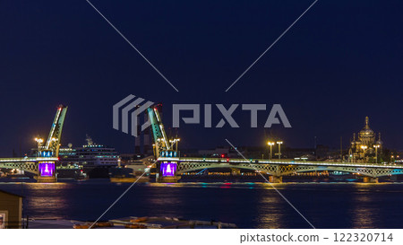 The Blagoveshchensky Annunciation Bridge timelapse during the White Nights in St. Petersburg, Russia The Blagoveshchensky Annunciation Bridge timelapse during the White Nights in St. Petersburg, Russia 122320714