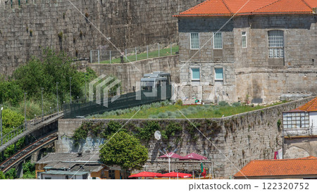 Aerial view of Funicular dos Guindais and picturesque houses in historic centre of Porto city timelapse, Portugal 122320752