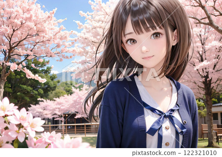 High school girls in uniforms and cherry blossoms in full bloom. A Japanese spring image 122321010