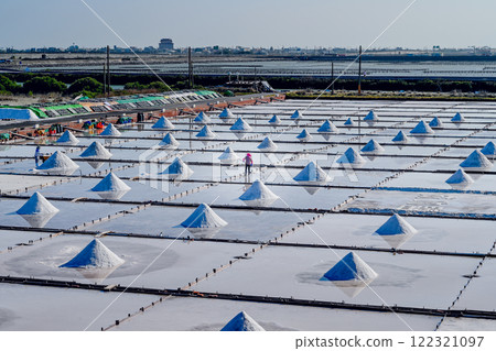 Tainan City, Taiwan - November 19, 2022: Jingzaijiao tile paved salt field. Tainan City, Taiwan - November 19, 2022: Jingzaijiao tile paved salt field. 122321097