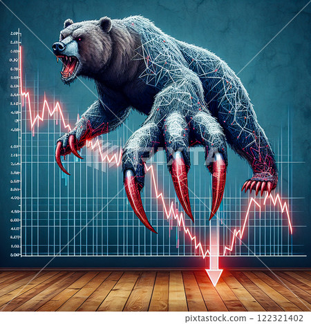Kuma City concept: Red price, lower price, lower head direction. Consolidated money market acceptance financial trends investment business sum fund loss movement flow 122321402