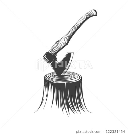 Woodcutters axe stuck in stump 122321434