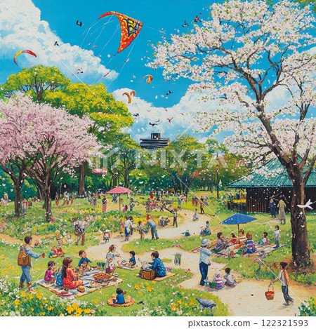 Enjoy picnics and kite flying in the park amidst the cherry blossoms of spring Enjoy picnics and kite flying in the park amidst the cherry blossoms of spring 122321593