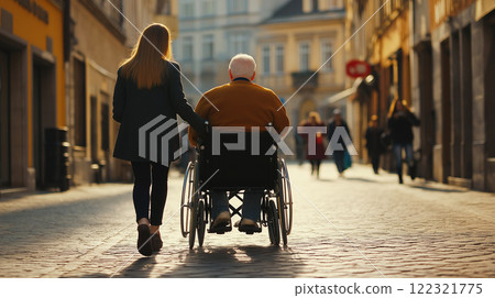 一名婦女正在照顧坐在輪椅上的老人 122321775