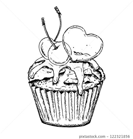 Hand-drawn ink vector illustration of a cupcake with cherries, dripping glaze and a caramel heart-shaped topper. Perfect for Valentine s Day, bakery designs or romantic food-themed projects 122321856