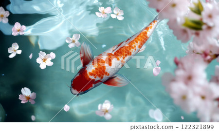 Spring cherry blossoms and Nishikigoi carp 122321899